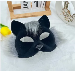 Schwarze Plüsch Katze Fuchs Maske mit grauem Kunstpelz, ideales Kostümzubehör für Party Cosplay.
