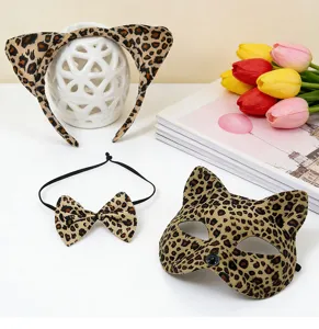 Leopard print cat mask set detail showcasing fluffy ears, cute bow tie, and delicate mask design.