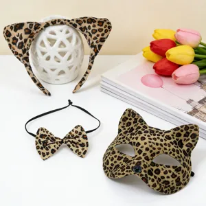 Leopard print cat woman mask set, cute cat ear headband and bow tie for Halloween cosplay.