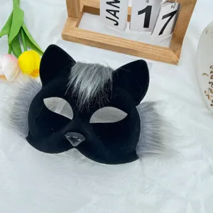 Schwarze Plüsch Tier Maske für den Maskenball Party und Cosplay mit weichem Kunstpelz Besatz.