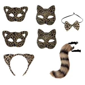 Leopard print cat costume set for Halloween cosplay, including masks, ears, bow tie and tail.