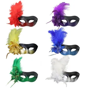 Masquerade mask set with colorful feathers and flowers, perfect for parties and holiday events.