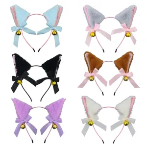 Cerchietto per capelli con orecchie di gatto pelose con fiocco e campanello per festa e cosplay.