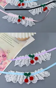 Cute pet lace bib with sweet cherry decoration, perfect cat and dog collar dress up accessory.