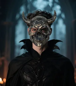 Detailopname van het gotische schedel demon masker met ingewikkelde hoorns en zwarte cape.