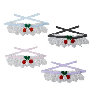Cute pet lace collar scarf with ribbons and sweet crochet cherries for cats and dogs, multi-color.