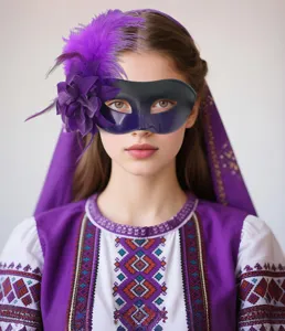 Detailed close-up of a glamorous half-face masquerade mask with purple feathers and side flower.
