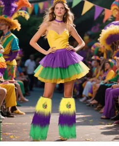 Karneval Kostüm Set mit bunten Plüsch Beinstulpen und modischem Stufenrock für Party Event.