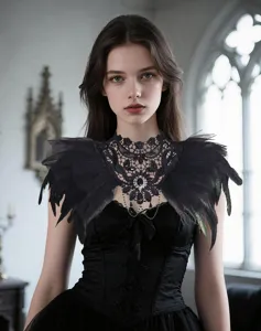 Gothic zwarte kant veer nep kraag detail met prachtig strass ketting ontwerp.