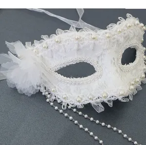 White lace half face mask with pearls and tassel chain for Halloween party costume props.