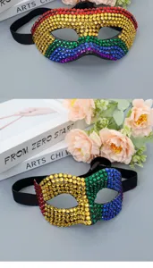 Masque de mascarade en strass arc-en-ciel scintillant pour fête et déguisement d'Halloween.