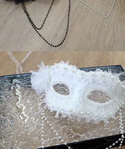 White lace pearl masquerade half face mask for Halloween party costume ball dress up props.