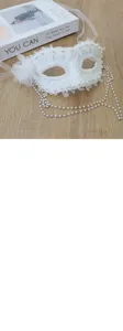 White lace masquerade mask with pearls and chains, elegant party eye mask for women.