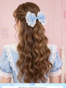 Sweet blue lace bow hair clip Lolita hair accessory detail view for cute girls party wear.