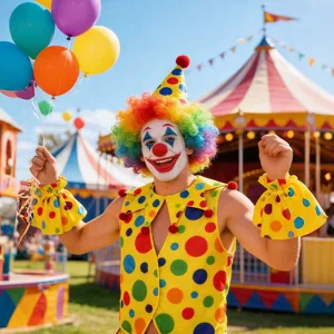 Colorful clown costume set with polka dot vest and cuffs for Halloween party fun cosplay events.