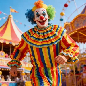 Primo piano del costume da clown colorato con strisce vivaci e colletto a volant.