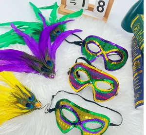 Karneval Feder Maske Set mit Pailletten und Pfauenfedern für Party und Kostümfest.