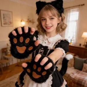 Close-up of fluffy cat paw gloves and cat ear headband set, cosplay costume details.
