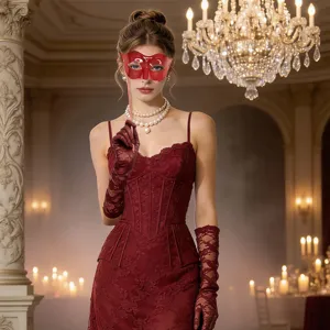 Elegant vintage masquerade half-face stick mask set with luxury lace dress for party events.