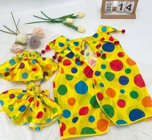 Detailed view of the colorful polka dot clown vest and accessories set for Halloween parties.