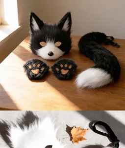 Black and white furry animal cosplay set featuring mask, fluffy tail, and paw gloves.