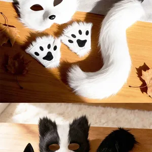 Halloween faux fur cat mask tail and paws costume set for cosplay party stage performance