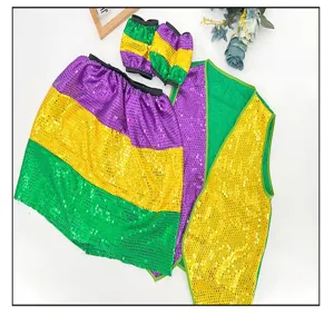 Details des lila gelb und gruenen Pailletten Karneval Party Weste und Rock Outfit Sets.