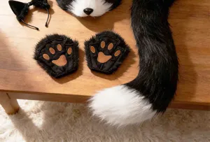 Faux fur cat costume set including ears headband, paw gloves and plush tail for cosplay.