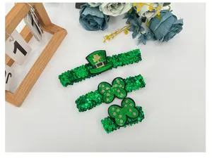 St. Patrick's Day green sequin headbands set with clover and top hat designs for party.