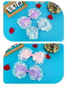 Cute lace bow hair clip detail, sweet Lolita style hair accessory in vibrant colors.