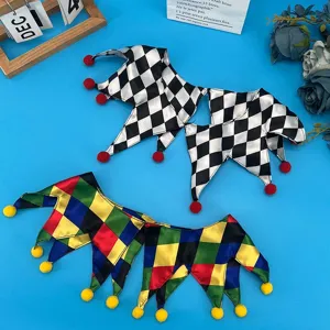 Jester collar cosplay costume Halloween carnival party black white check colorful plush pom poms
