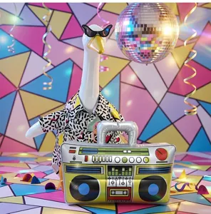 Divertente camicia retrò per oca da portico e boombox gonfiabile per festa disco.