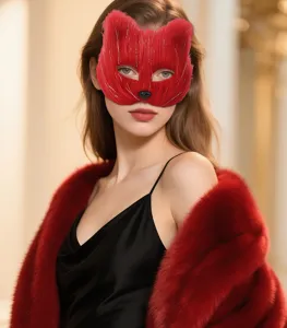 Red plush half face cat fox mask detail view for Halloween party cosplay costume props and dress up