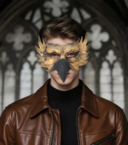 Detailed view of the owl half-face mask made from PU foam, perfect for Halloween parties.
