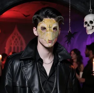 Dettaglio della maschera da capra di Halloween con corna realistiche e giacca di pelle nera.