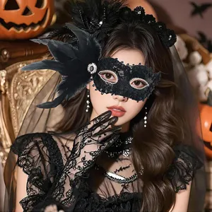 Exquisite black lace feather mask detail for Halloween masquerade party and carnival dress up.