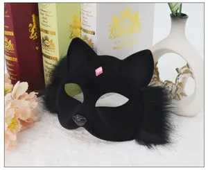 Halloween plush black cat fox half face mask with soft fur and pink gem for party cos dress up