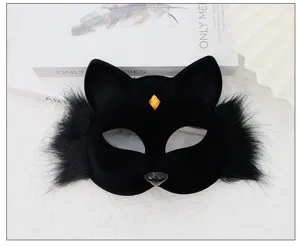 Detail shot of the black plush cat mask with fluffy cheeks and orange rhinestone forehead.