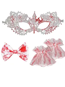 Halloween ensemble dentelle masque cravate poignets ensanglantés, accessoires fête horreur.