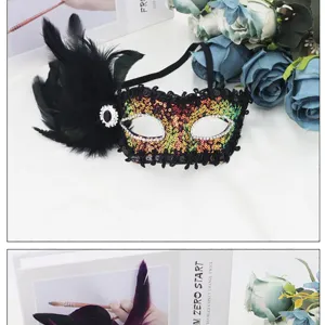Close-up detail of the black sequin masquerade mask with sparkling rhinestones and feathers.