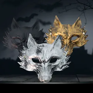 Masque Demi-Visage Renard d'Halloween en Plastique Rétro Vieilli Costume Cosplay Loup pour Bal Masqué Club Bar Fête Accessoires Homme