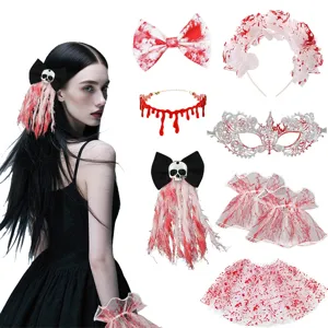 Accessoires de Costume d'Halloween Taches de Sang Masque en Dentelle Nœud Crâne Pince à Cheveux Serre-tête Bracelet Ensemble pour Fête Cosplay