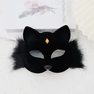 Halloween Plush Fox Faux Fur Half Face Mask Sexy Cat Eye Mask With Rhinestone For Masquerade Party Cosplay Performance Prop