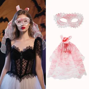 Halloween Macchie di Sangue Maschera per Occhi in Pizzo Velo a Rete Set di Fermagli per Capelli Regina Gotica Oscura Rosa Mano d Osso di Scheletro Accessori per Feste in Maschera da Donna