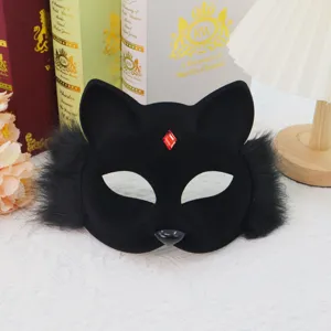 Halloween plush fox cat mask with red crystal gem and fluffy fur for cosplay party events.