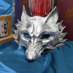 Masque de Renard Argenté en PU pour Halloween Fête Mascarade Demi-Visage Homme Accessoires