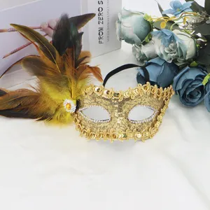 Gold sequin masquerade mask with feather and rhinestones for party ball festival dress up.