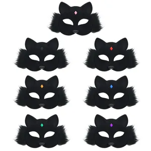 Black plush cat mask half face masquerade party costume cosplay Halloween animal eye mask
