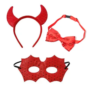 Halloween κόκκινο σετ παιδικού κουστουμιού με στέκα κέρατα παπιγιόν και μάσκα νυχτερίδας