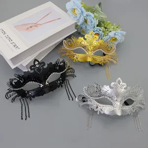 Elegant Plastic Rhinestone Masquerade Mask With Tassel Phoenix Tail Hollow Out Half Face Party Mask For Halloween Women